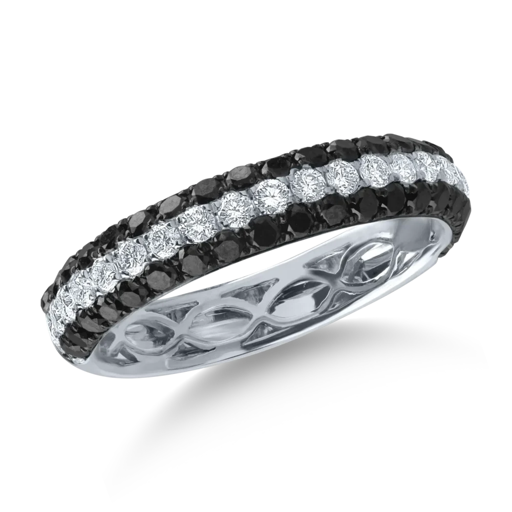 Inel semi eternity din aur alb cu diamante negre de 0.55ct si diamante transparente de 0.28ct