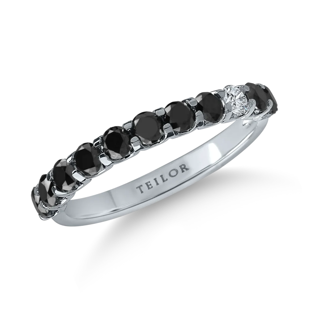 Inel semi eternity din aur alb cu diamante negre si incolore de 0.98ct