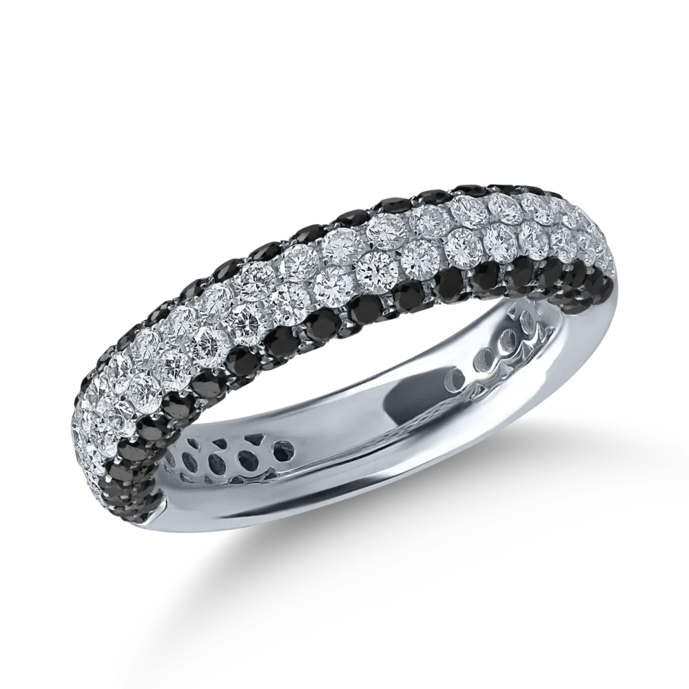 Inel semi eternity din aur alb cu diamante transparente de 0.74ct si diamante negre de 0.94ct