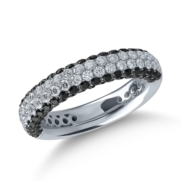Inel semi eternity din aur alb cu diamante transparente de 0.74ct si diamante negre de 0.94ct