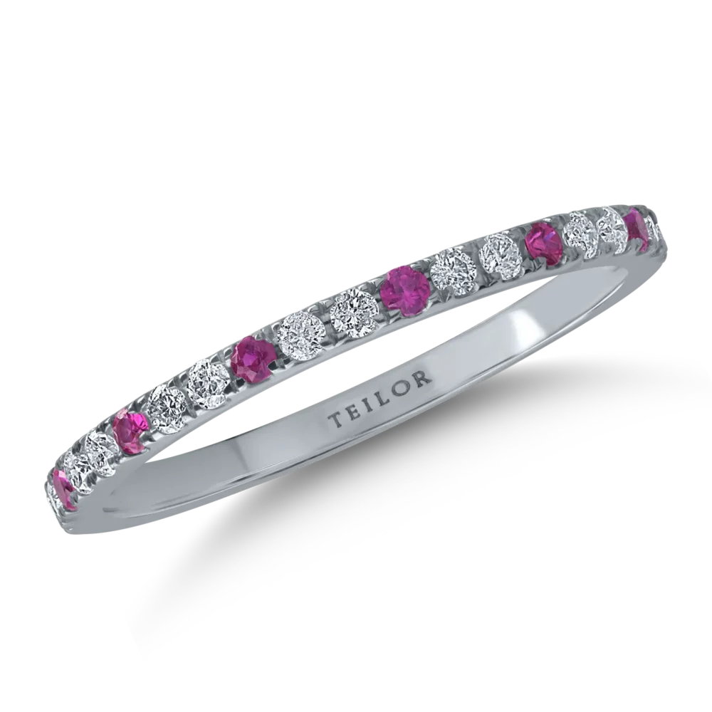 Inel semi eternity din aur alb cu rubine de 0.12ct si diamante de 0.19ct