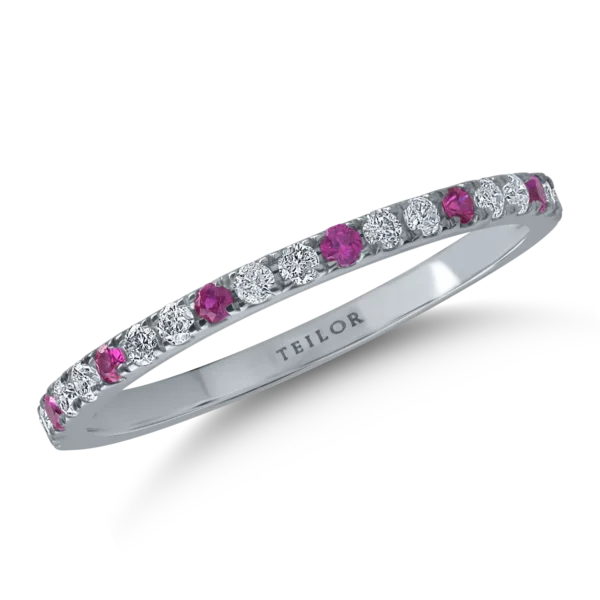 Inel semi eternity din aur alb cu rubine de 0.12ct si diamante de 0.19ct