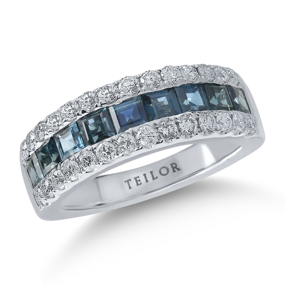 Inel semi eternity din aur alb cu safire princess de 1.79ct si diamante de 0.7ct