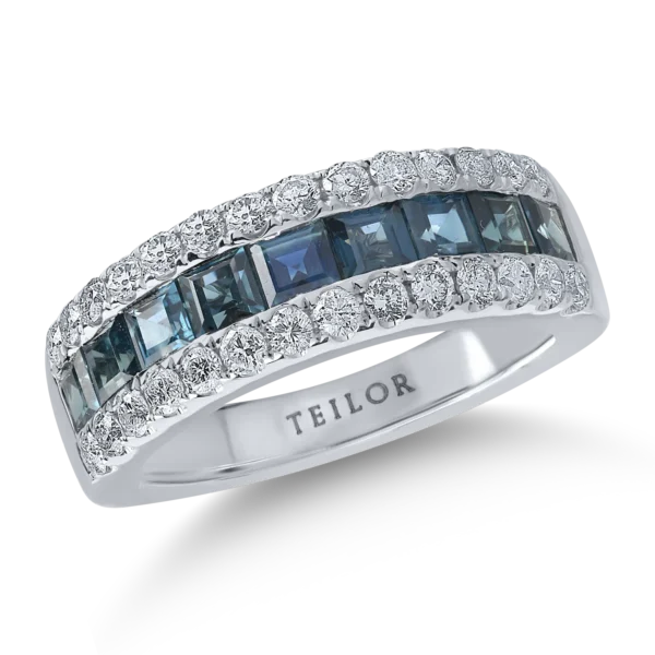 Inel semi eternity din aur alb cu safire princess de 1.79ct si diamante de 0.7ct