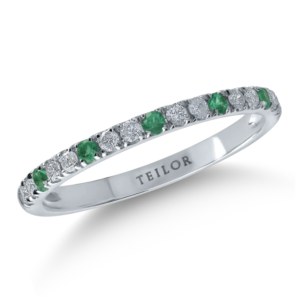 Inel semi eternity din aur alb cu smaralde de 0.07ct si diamante de 0.16ct