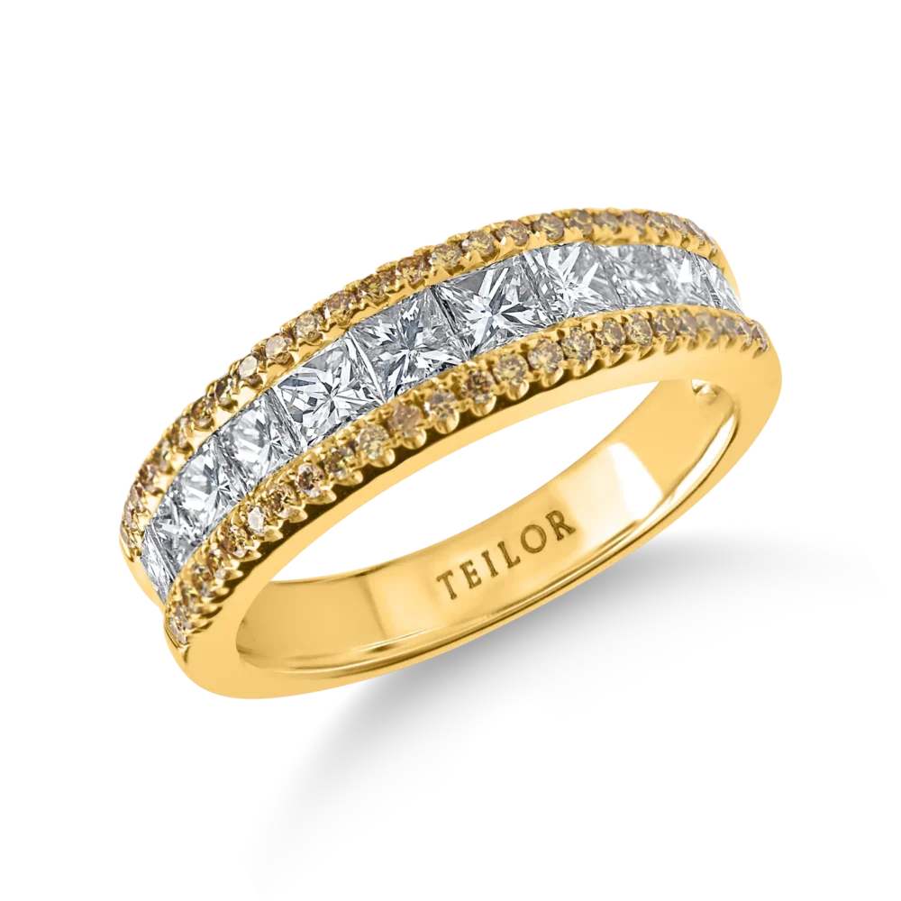 Inel semi-eternity din aur galben cu diamante galbene si diamante incolore princess de 1.4ct