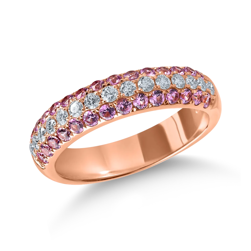 Inel semi eternity din aur roz cu safire roz de 0.6ct si diamante de 0.3ct