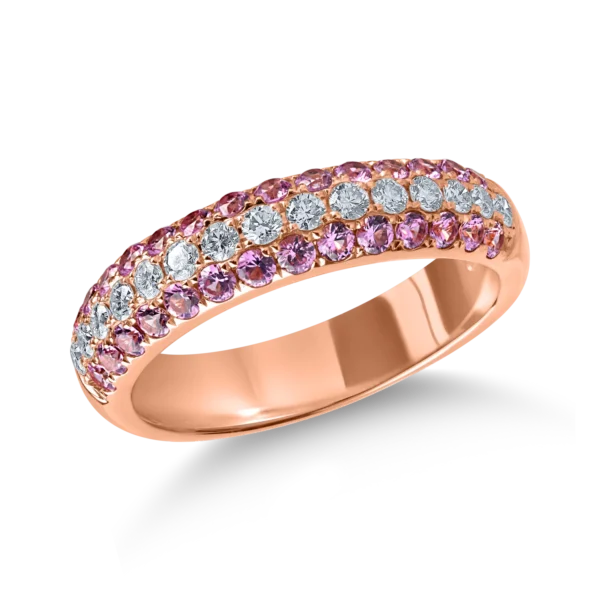 Inel semi eternity din aur roz cu safire roz de 0.6ct si diamante de 0.3ct