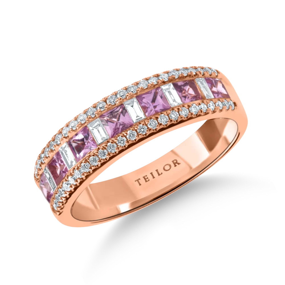 Inel semi-eternity din aur roz cu safire roz si diamante de 0.9ct