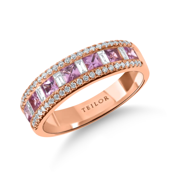 Inel semi-eternity din aur roz cu safire roz si diamante de 0.9ct