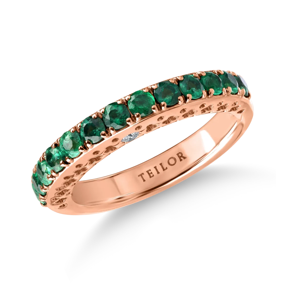 Inel semi eternity din aur roz cu smaralde de 0.7ct si diamante de 0.05ct