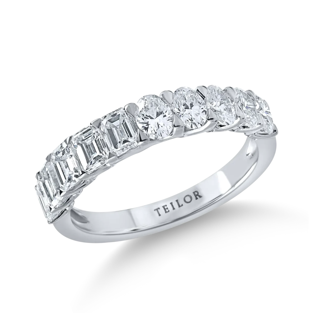 Inel semieternity din aur alb cu diamante emerald si ovale de 1.6ct