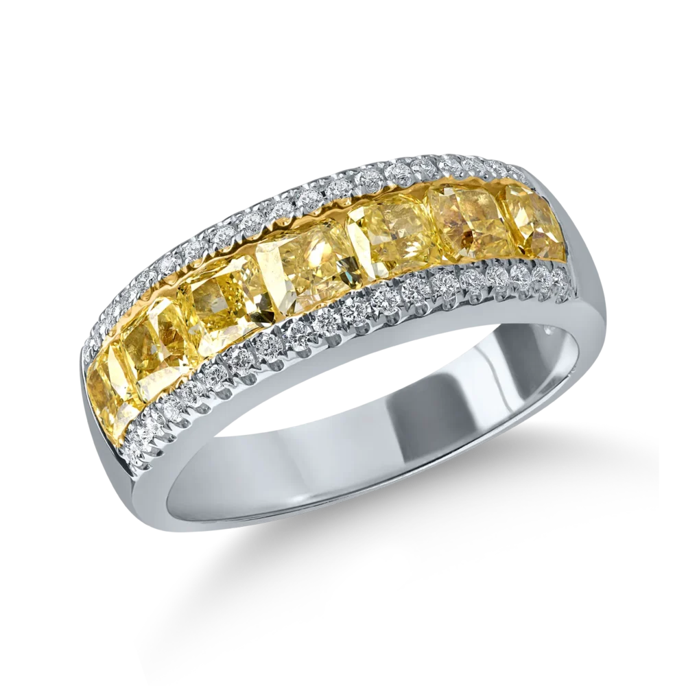 Inel semi eternity din aur alb galben cu diamante galbene cushion de 2ct si diamante de 0.2ct