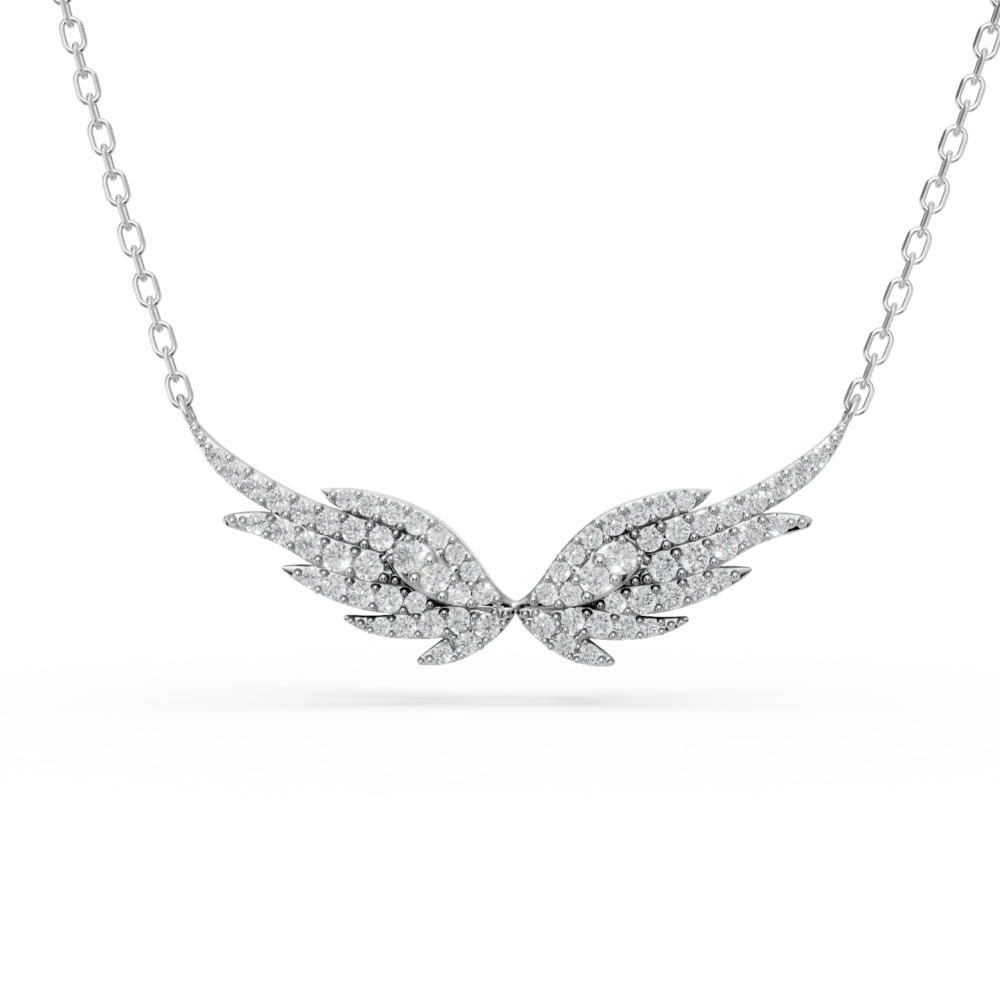 Lant cu pandantiv aripi inger din aur alb cu diamante de 0.3ct