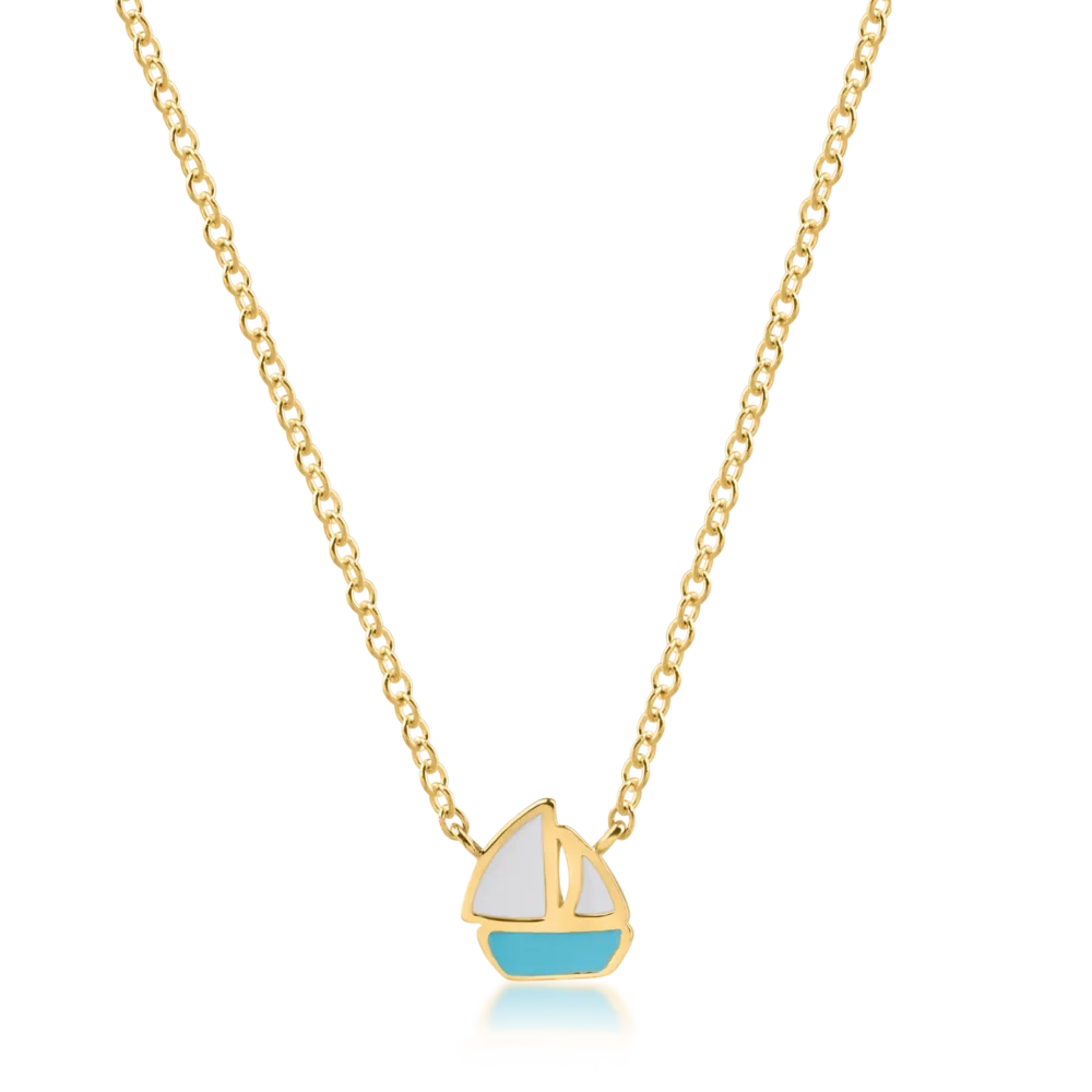 Lant cu pandantiv barca din aur galben cu insertii albe si turcoaz