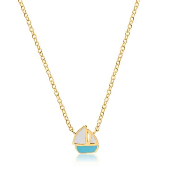 Lant cu pandantiv barca din aur galben cu insertii albe si turcoaz