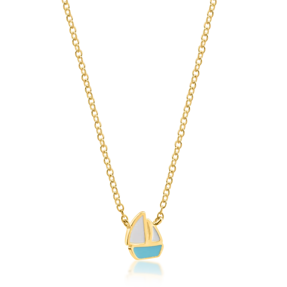 Lant cu pandantiv barca din aur galben cu insertii albe si turcoaz - imagine 2