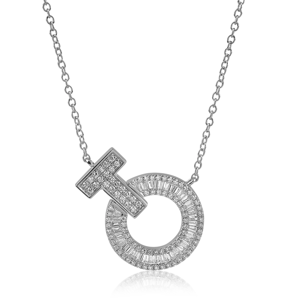 Lant cu pandantiv cerc din aur alb cu diamante baguette si rotunde de 0.6ct