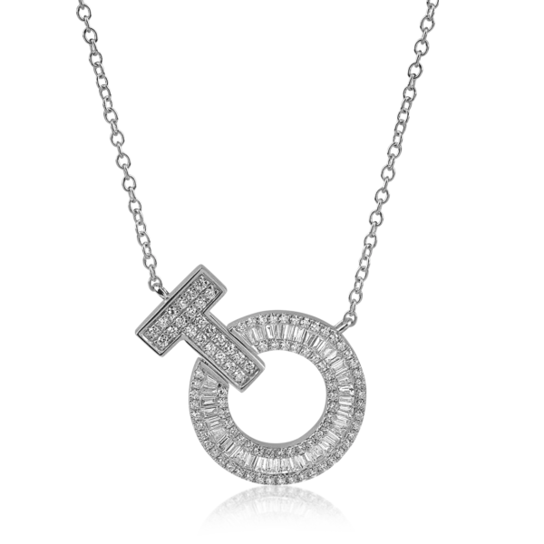 Lant cu pandantiv cerc din aur alb cu diamante baguette si rotunde de 0.6ct