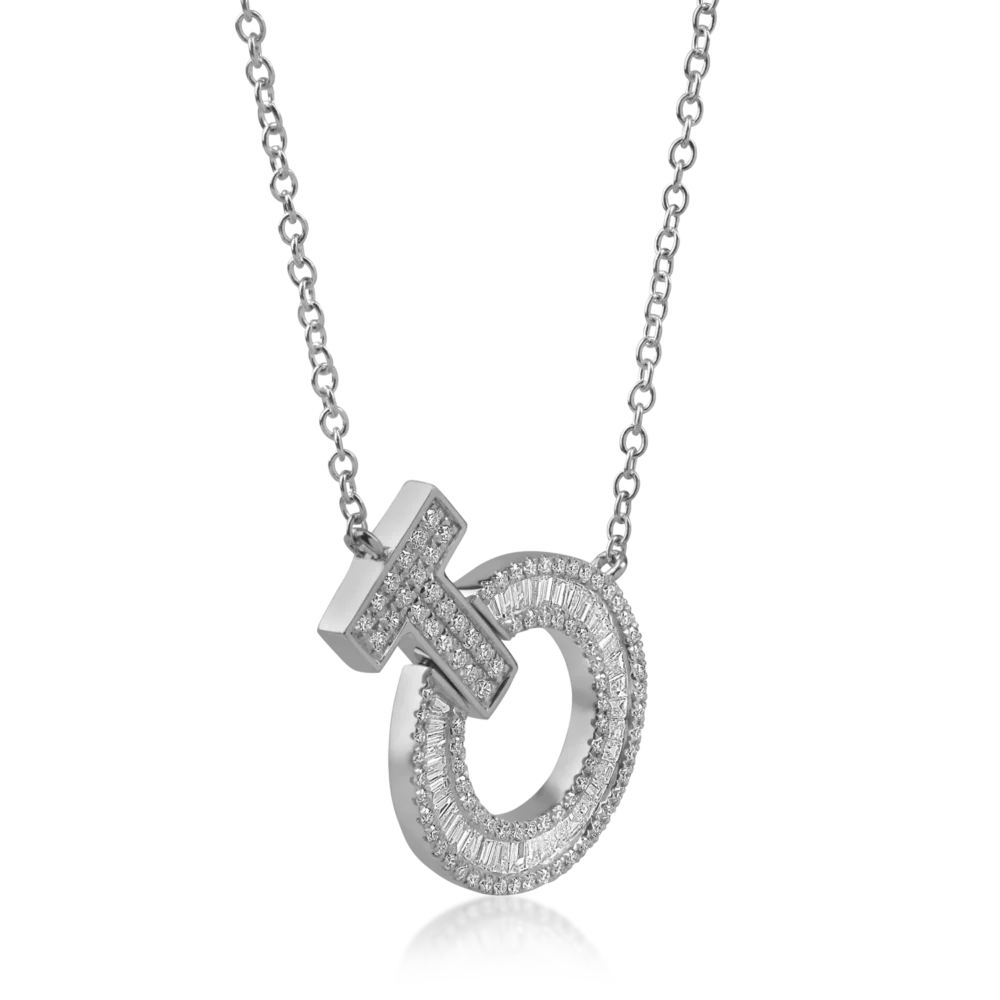 Lant cu pandantiv cerc din aur alb cu diamante baguette si rotunde de 0.6ct - imagine 2