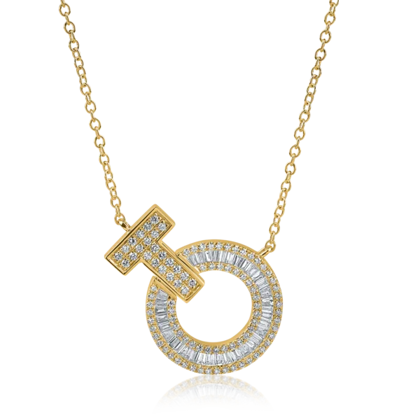 Lant cu pandantiv cerc din aur galben cu diamante baguette si rotunde de 0.6ct