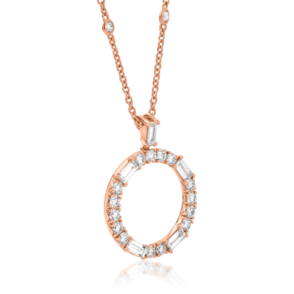 Lant cu pandantiv cerc din aur roz cu diamante baguette si rotunde de 1.38ct - imagine 2