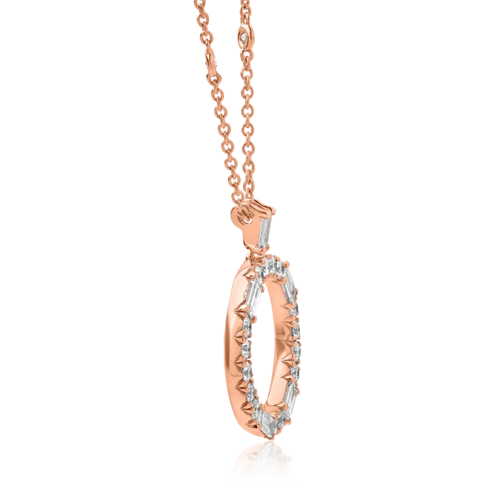 Lant cu pandantiv cerc din aur roz cu diamante baguette si rotunde de 1.38ct - imagine 3