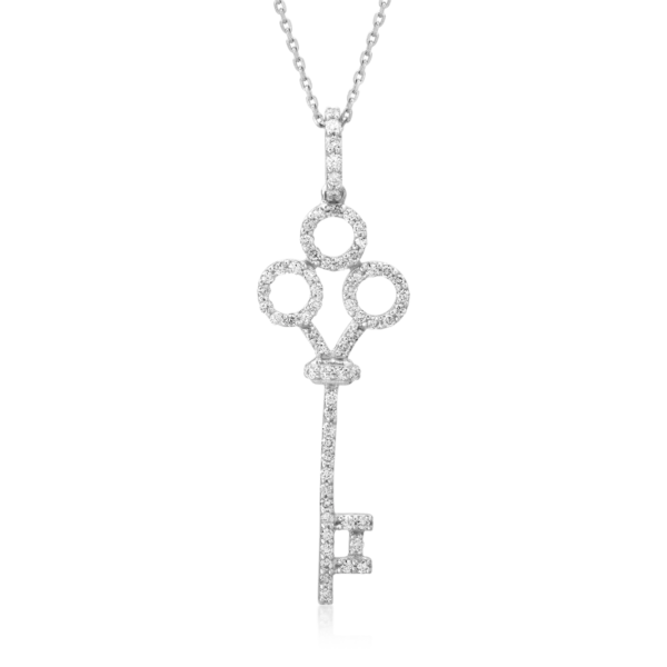 Lant cu pandantiv cheie din aur alb cu diamante de 0.18ct
