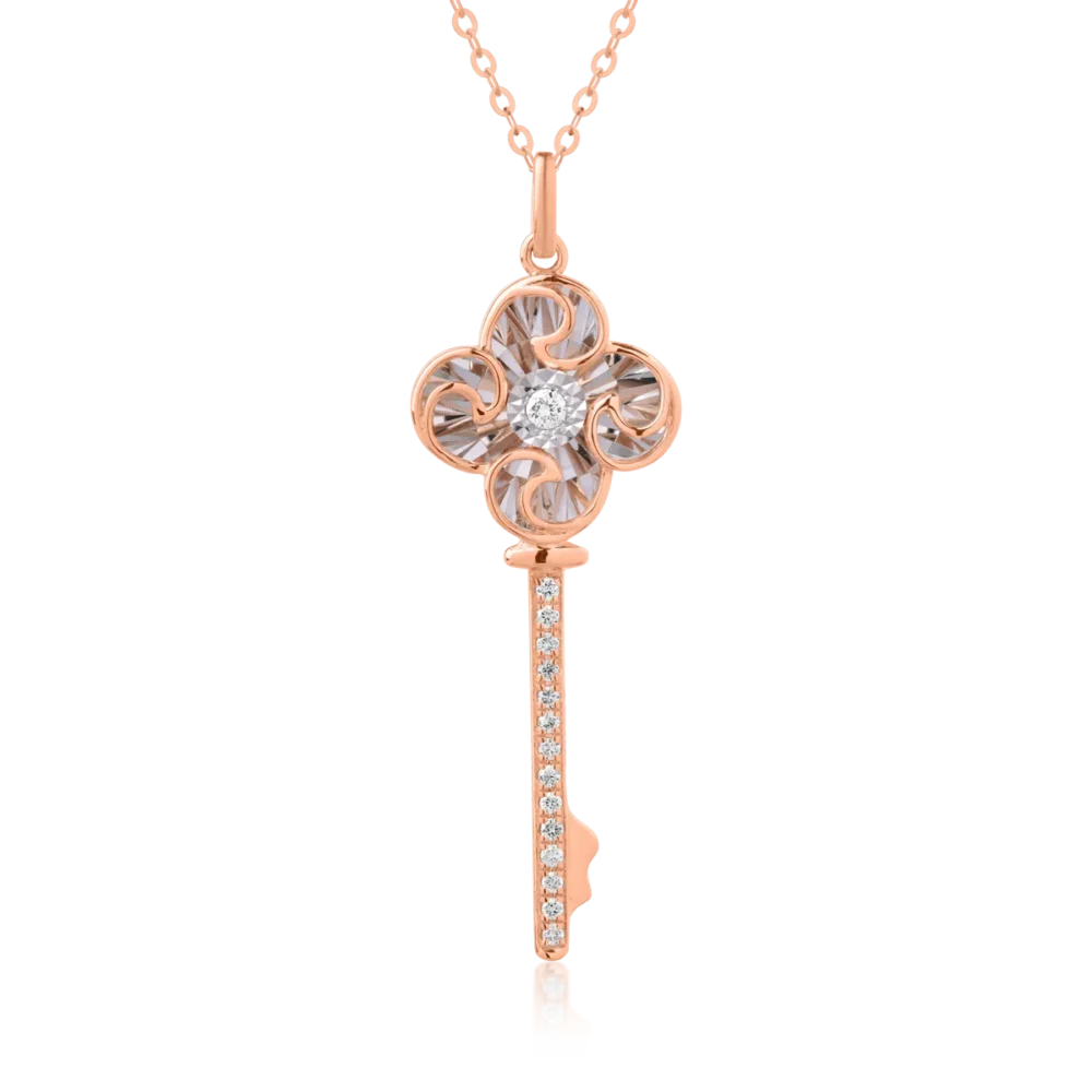 Lant cu pandantiv cheie din aur roz cu diamant de 0.017ct si diamante de 0.047ct