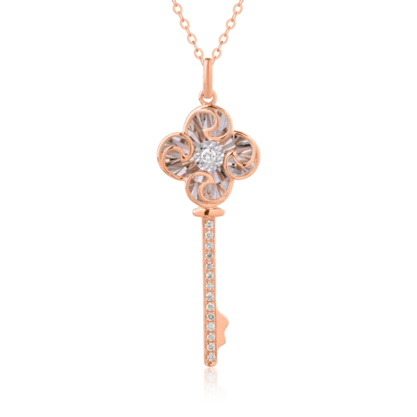 Lant cu pandantiv cheie din aur roz cu diamant de 0.017ct si diamante de 0.047ct