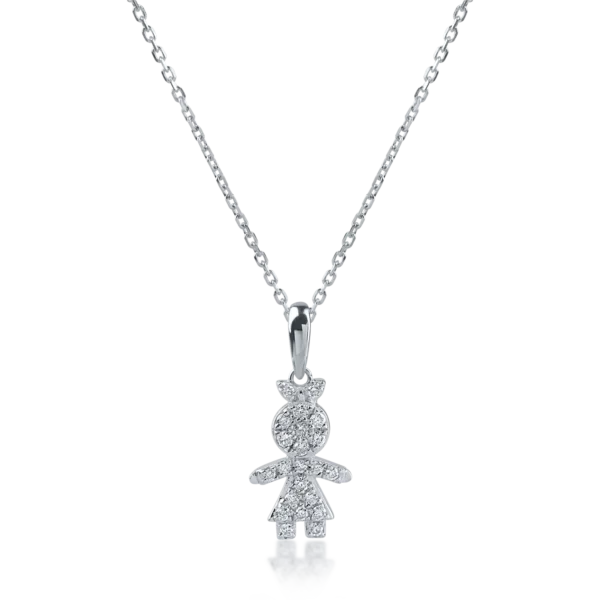 Lant cu pandantiv copil din aur alb cu diamante de 0.12ct