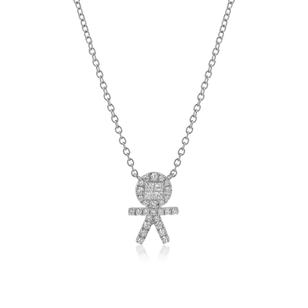 Lant cu pandantiv copil din aur alb cu diamante princess si rotunde de 0.32ct