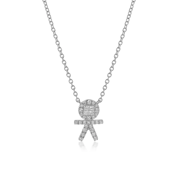 Lant cu pandantiv copil din aur alb cu diamante princess si rotunde de 0.32ct