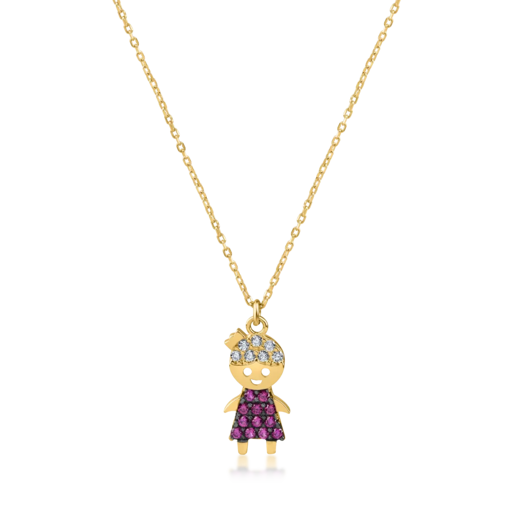 Lant cu pandantiv copil din aur galben cu zirconii roz si albe