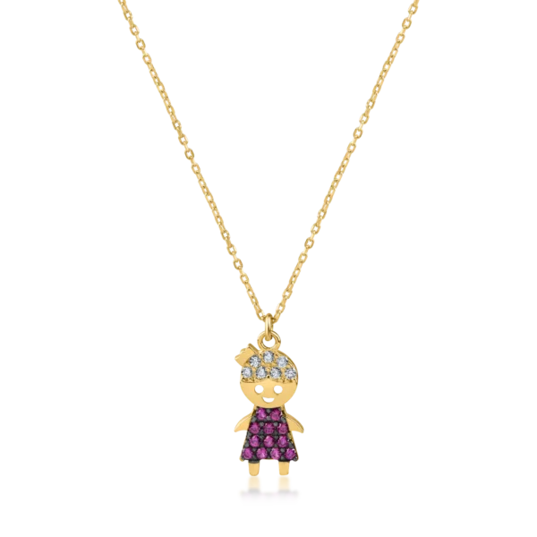 Lant cu pandantiv copil din aur galben cu zirconii roz si albe