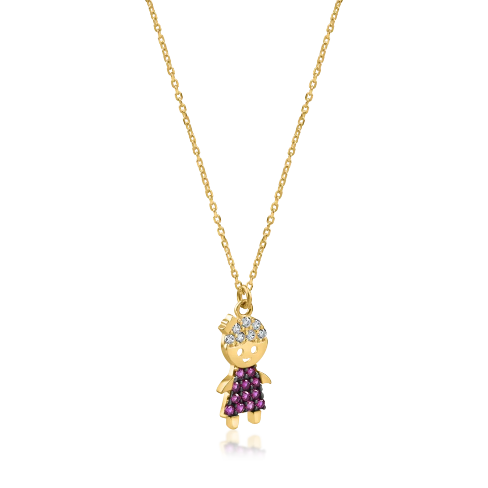 Lant cu pandantiv copil din aur galben cu zirconii roz si albe - imagine 2