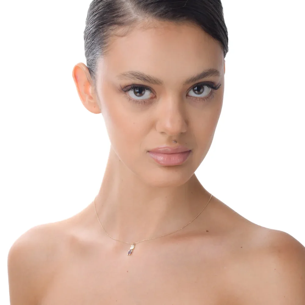 Lant cu pandantiv copil din aur galben cu zirconii roz si albe - imagine 3