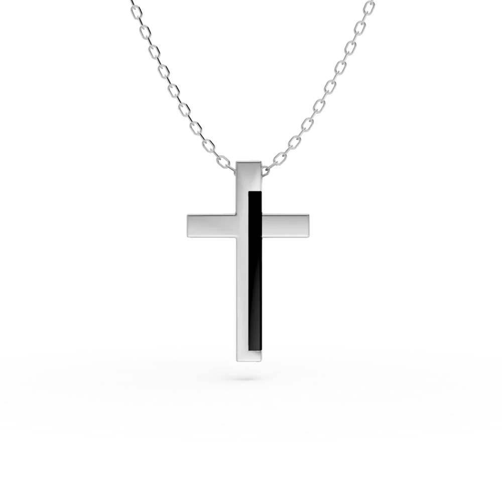 Lant cu pandantiv cruce din argint cu agat negru de 0.6ct pentru barbati