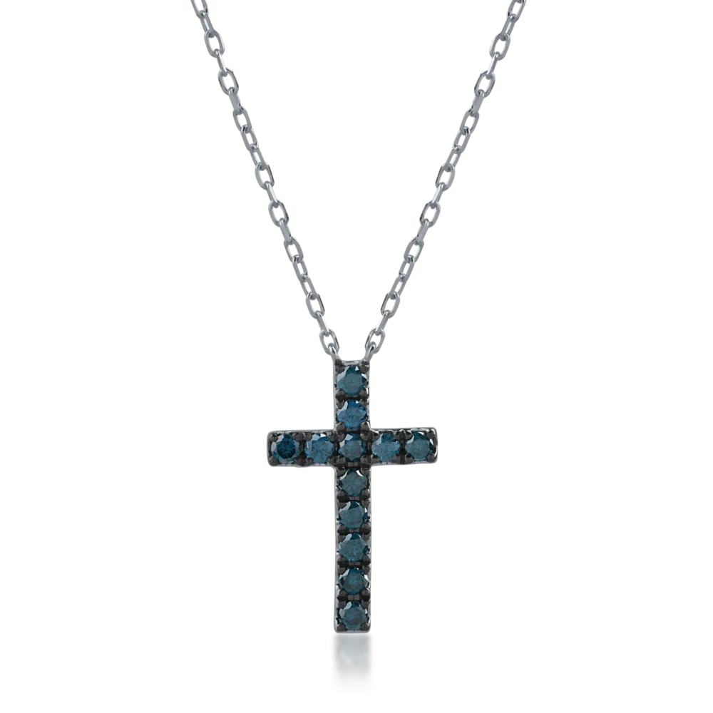 Lant cu pandantiv cruce din aur alb cu diamante albastre de 0.41ct