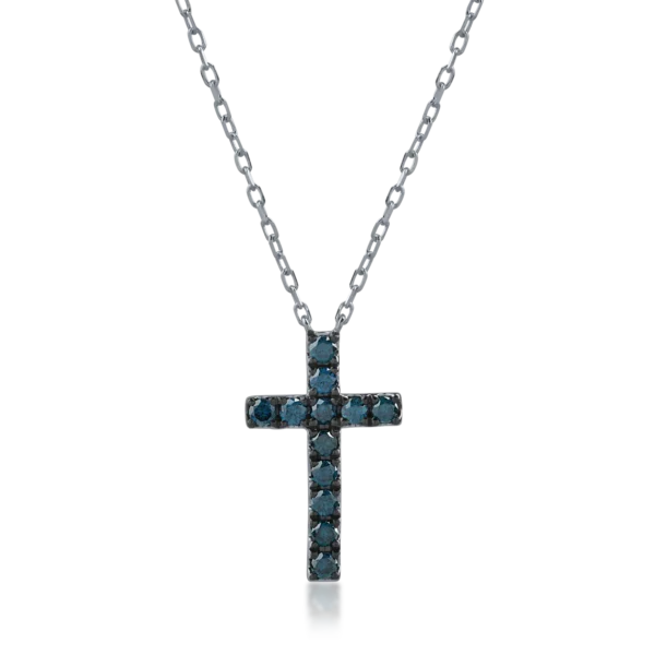 Lant cu pandantiv cruce din aur alb cu diamante albastre de 0.41ct