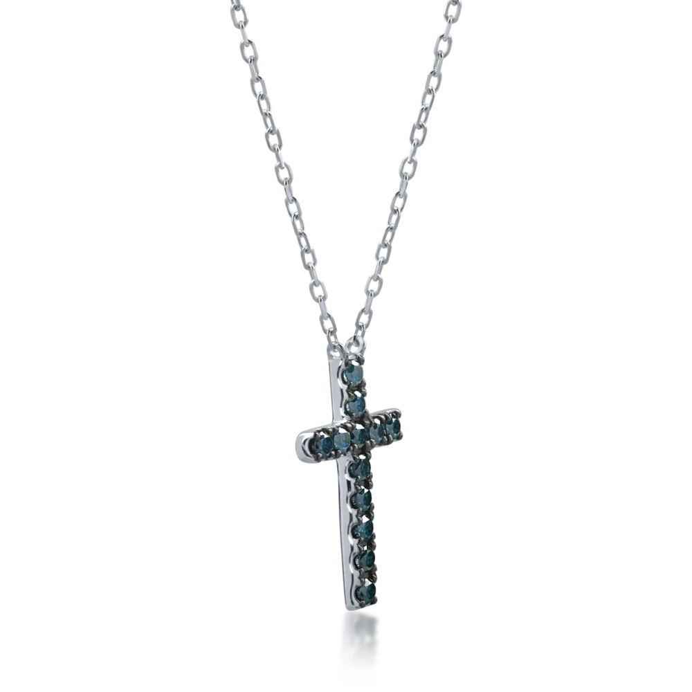 Lant cu pandantiv cruce din aur alb cu diamante albastre de 0.41ct - imagine 2