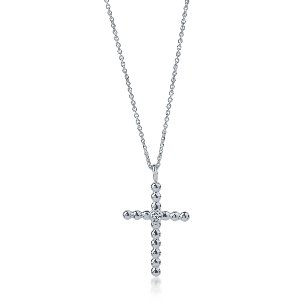 Lant cu pandantiv cruce din aur alb cu diamante de 0.05ct