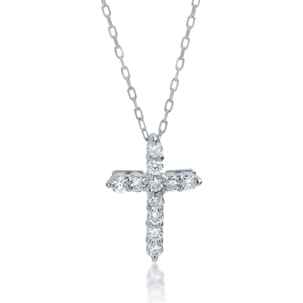 Lant cu pandantiv cruce din aur alb cu diamante de 0.1ct