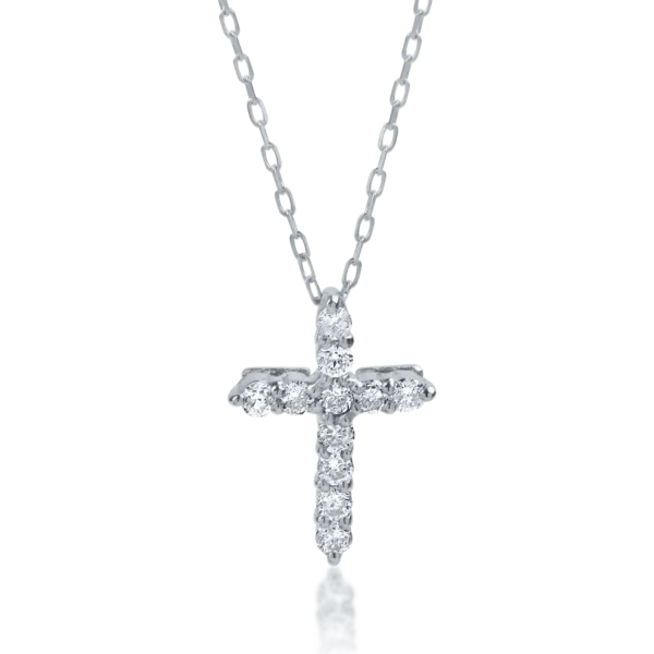 Lant cu pandantiv cruce din aur alb cu diamante de 0.1ct