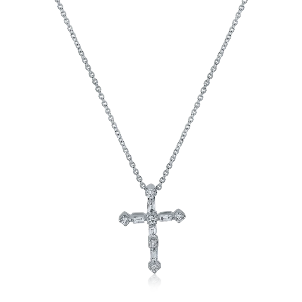 Lant cu pandantiv cruce din aur alb cu diamante baguette si rotunde de 0.23ct