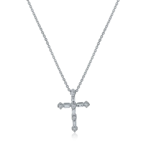 Lant cu pandantiv cruce din aur alb cu diamante baguette si rotunde de 0.23ct