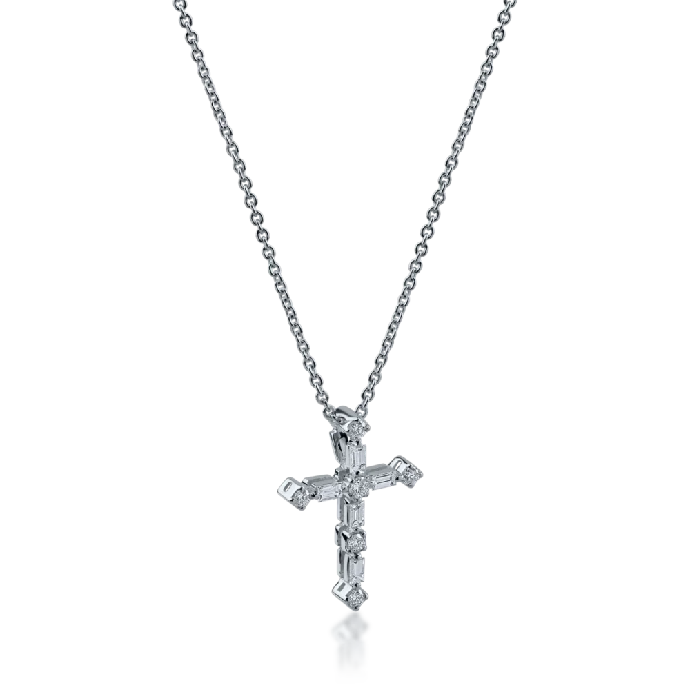 Lant cu pandantiv cruce din aur alb cu diamante baguette si rotunde de 0.23ct - imagine 2