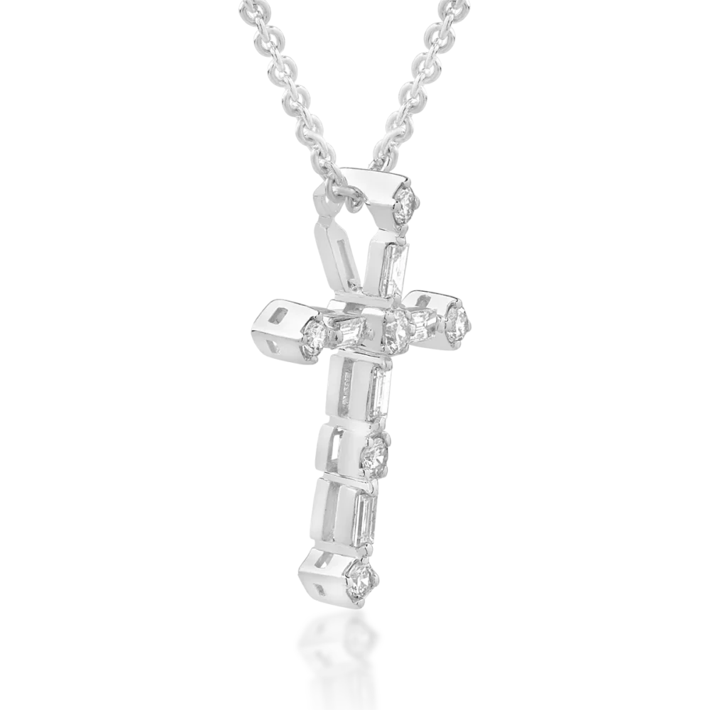 Lant cu pandantiv cruce din aur alb cu diamante baguette si rotunde de 0.23ct - imagine 3