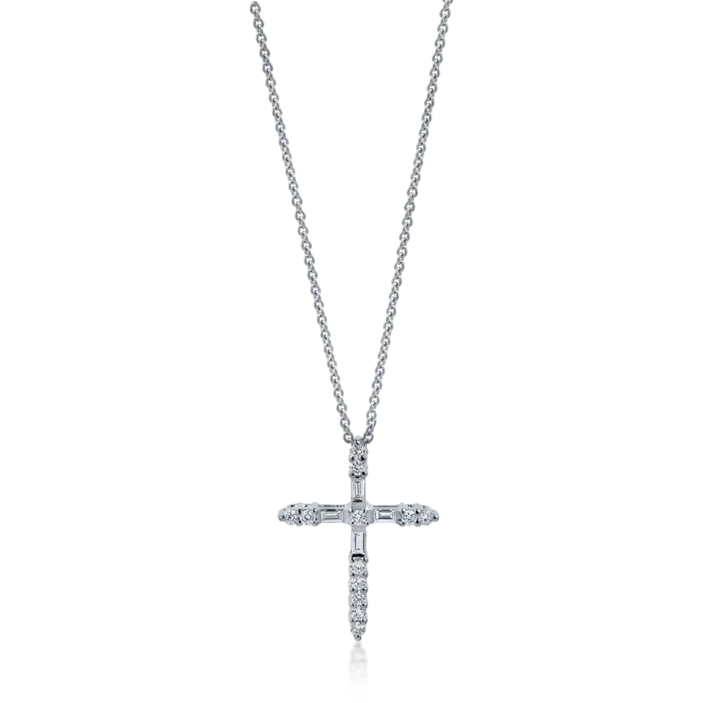 Lant cu pandantiv cruce din aur alb cu diamante baguette si rotunde de 0.3ct