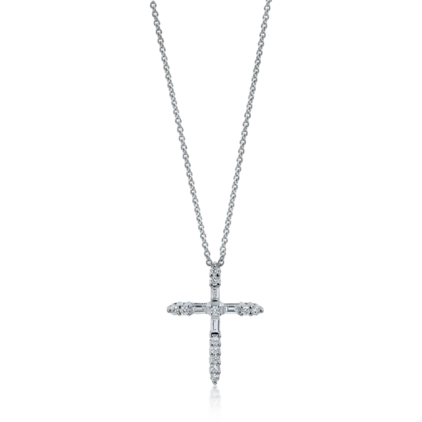 Lant cu pandantiv cruce din aur alb cu diamante baguette si rotunde de 0.29ct